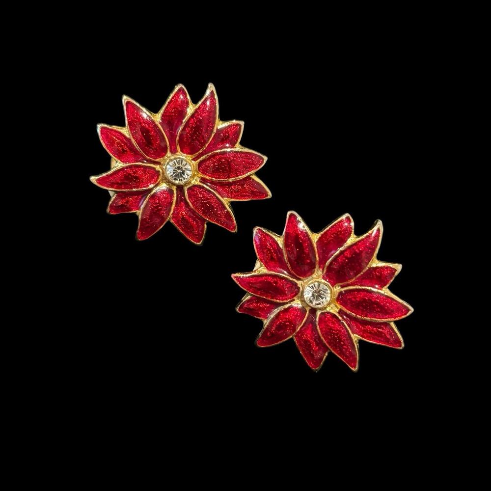Vintage Red Enamel Poinsettia Flower Clip On Earrings Gold Tone CZ Christmas